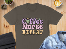 Load image into Gallery viewer, Coffee Nurse Repeat text on a brown t-shirt with coffee and denim accents.