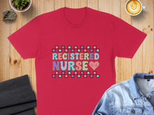 Load image into Gallery viewer, Red t-shirt with "Registered Nurse" text and heart graphic.