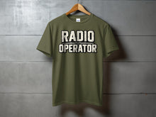 Load image into Gallery viewer, Olive green t-shirt with distressed "RADIO OPERATOR" text and radio wave graphic.