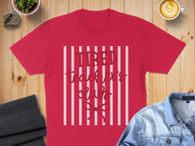 Load image into Gallery viewer, Red t-shirt with "Tired Teacher Club" text on striped background.