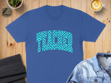 Load image into Gallery viewer, Blue t-shirt with "TEACHER" in a blue checkerboard pattern.