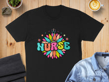 Load image into Gallery viewer, Black t-shirt featuring a colorful sunflower with "NURSE" in block letters.