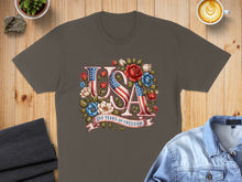 Load image into Gallery viewer, T-shirt with "USA 250 Years of Freedom" text and floral American flag design.
