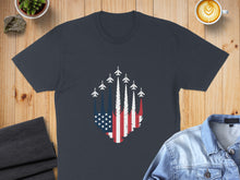 Load image into Gallery viewer, Dark t-shirt with patriotic fighter jets flying over an American flag graphic.