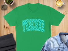 Load image into Gallery viewer, Green t-shirt with "TEACHER" in a blue checkered pattern.