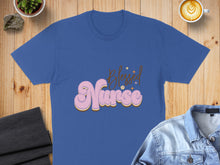 Load image into Gallery viewer, Blue t-shirt with "Blessed Nurse" in retro bubble text.
