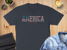 Load image into Gallery viewer, Navy t-shirt with "AMERICA EST. 1776" in distressed American flag lettering.