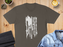 Load image into Gallery viewer, T-shirt with distressed American flag design featuring fighter jets.