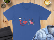 Load image into Gallery viewer, Blue t-shirt with stethoscope, heart, syringe, and "love" text.