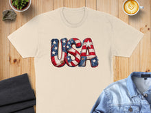Load image into Gallery viewer, T-shirt with "USA" text in a distressed American flag design.