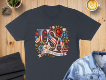 Load image into Gallery viewer, Dark t-shirt with "USA 250 Years of Freedom" floral design.