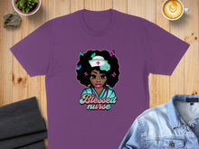 Load image into Gallery viewer, Purple t-shirt with "Blessed nurse" graphic of a woman with butterflies.