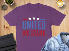 Load image into Gallery viewer, Purple t-shirt with "UNITED WE STAND" text and three white stars.