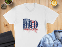 Load image into Gallery viewer, White t-shirt with "Dad The Man The Myth The Legend" text and US flag graphic.