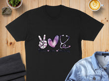 Load image into Gallery viewer, Black t-shirt with peace sign, heart, and stethoscope graphics saying "Peace Love Nursing".
