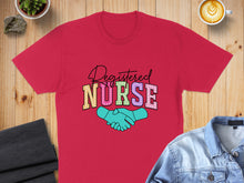 Load image into Gallery viewer, Red t-shirt with "Registered Nurse" text and shaking hands graphic.