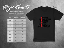 Load image into Gallery viewer, Size chart for Next Level 3600 unisex cotton t-shirt with "Funny Handsome Strong Happy Clever Marvelous" text.