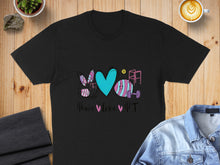 Load image into Gallery viewer, Black t-shirt with "Peace love PT" text and graphic of therapy equipment.