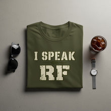 Load image into Gallery viewer, Olive green t-shirt with "I SPEAK RF" text and a wave graphic.