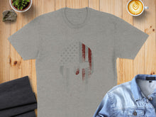 Load image into Gallery viewer, Grey t-shirt with faded distressed American flag Spartan helmet graphic.