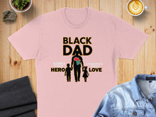 Load image into Gallery viewer, Black Dad shirt with son and daughter silhouettes and African continent map.