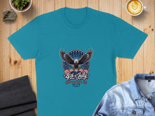 Load image into Gallery viewer, Teal t-shirt with eagle, flag, and "4th of July" text.