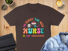 Load image into Gallery viewer, Brown t-shirt with "I'm sorry the nice nurse is on vacation" graphic.