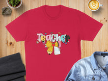 Load image into Gallery viewer, Red t-shirt with "Teacher" text in colorful, playful lettering and school-themed graphics.