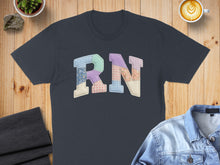 Load image into Gallery viewer, Dark blue t-shirt with "RN" in colorful patchwork letters.