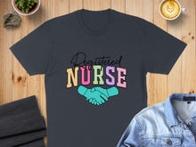 Load image into Gallery viewer, Dark t-shirt with "Registered Nurse" in colorful lettering above shaking hands.