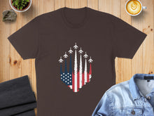 Load image into Gallery viewer, Brown t-shirt with a patriotic American flag and jet formation graphic.