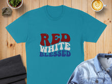 Load image into Gallery viewer, Blue t-shirt with "RED WHITE BLESSED" text in wavy, retro lettering.