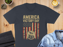 Load image into Gallery viewer, Navy t-shirt with "America Victory Day May 08" text and distressed US flag design.