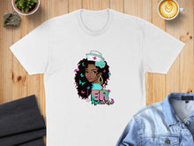 Load image into Gallery viewer, Nurse graphic on white t-shirt with floral and butterfly accents.