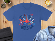 Load image into Gallery viewer, Blue t-shirt with "Land of the Free 4th of July 1776" graphic.