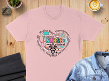 Load image into Gallery viewer, Pink t-shirt with "Nurse" in medical symbols and text.