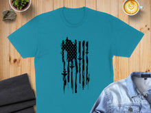Load image into Gallery viewer, Teal t-shirt with distressed black American flag and jet silhouettes.