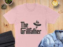 Load image into Gallery viewer, Pink t-shirt with "The Grillfather" text and sausage graphic.