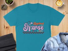 Load image into Gallery viewer, Teal t-shirt with "Registered Nurse" and stethoscope graphic.
