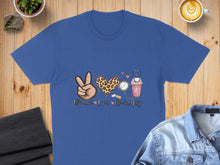 Load image into Gallery viewer, Blue t-shirt with "Peace Love Nursing" text, leopard print heart, and stethoscope.