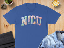Load image into Gallery viewer, Blue t-shirt with "NICU" spelled in a patchwork quilt pattern.