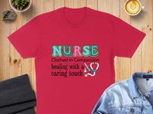 Load image into Gallery viewer, Red t-shirt with "Nurse" and stethoscope graphic.