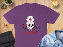 Load image into Gallery viewer, Purple t-shirt with skull nurse graphic and #NurseLife text.