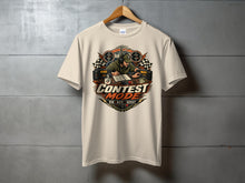 Load image into Gallery viewer, T-shirt graphic with ham radio operator, radio equipment, and text "CONTEST MODE RUN RATE REPEAT".
