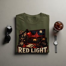 Load image into Gallery viewer, Olive green t-shirt with a radio graphic and "RED LIGHT" text.
