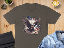 Load image into Gallery viewer, Brown t-shirt with bald eagle in front of American flag design.