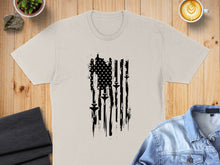 Load image into Gallery viewer, T-shirt with distressed American flag design featuring fighter jets.