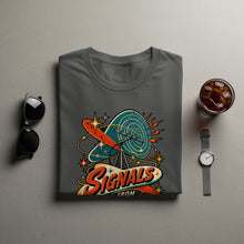 Load image into Gallery viewer, Grey t-shirt with vintage "Signals From" graphic and antenna design.