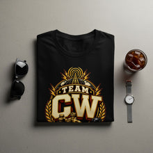 Load image into Gallery viewer, Black t-shirt with "TEAM CW" graphic and vintage radio equipment.