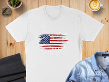Load image into Gallery viewer, White t-shirt with distressed American flag graphic and "AMERICA" text.